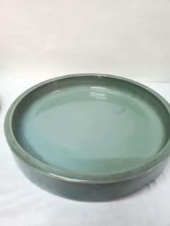 骨董・華道】青磁 貫入 丸水盤 花器 浅鉢 飾り盆 生け花 直径26cm