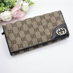 GUCCI インターロッキング　GG柄　キャンバス　長財布 ブラウン 美品✨️グッチ 長財布 GG柄 インターロッキング キャンバス ベージュ