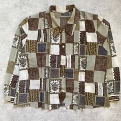 総柄シャツ レトロブラウス パッチワーク柄 ブラウン とろみ素材 ヴィンテージのサムネイル