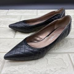 良品】銀座かねまつ ポインテッドトゥ パンプス キルティング 22.5 黒