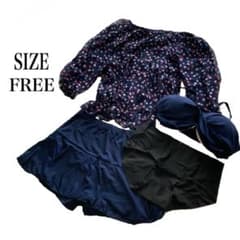 [Brand New] Women's Swimsuit Bikini Long Sleeve Pants Navy Polka Dot