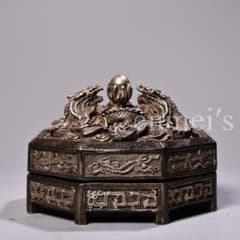 中国古美術・旧蔵品・純銅製・高浮彫・錾刻・鎏銀・八宝紋 盤龍 首飾箱