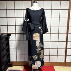 LL 着物リメイク 正絹セミアンティーク黒留袖 シンプルゆったりワンピース LL 着物リメイク 正絹 モダン黒留袖 シンプルゆったりワンピース