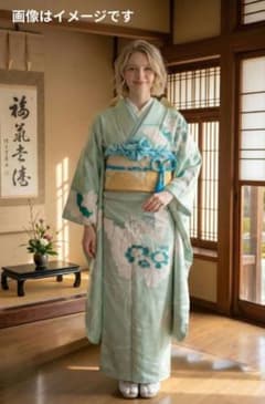 成人式正絹振袖フルセット ミントグリーン 花と蝶模様銀駒 豪華 珍しい