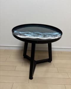 レジンアート海　サイドテーブル　ブラックスチール　丸型４４cm 脚付き レジンアート海 サイドテーブル ブラックスチール 丸型44cm 脚付き
