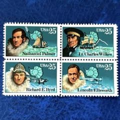 外国切手 アメリカ 南極探検家 未使用 4種連刷田型 1988年 ヒンジ無し