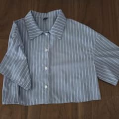 SHEIN クロップド丈 ストライプ 半袖シャツ ブルー [M]サイズのサムネイル