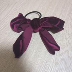 ベロア素材 リボンヘアゴム ボルドーのサムネイル