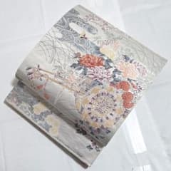 A プラチナ箔二重織 九百錦 彩鳥瑞花文 六通 正絹 フォーマルな袋帯