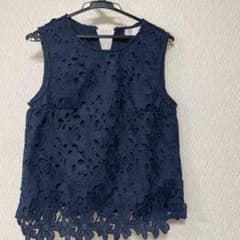 ネイビー 花柄レース ノースリーブ トップス
