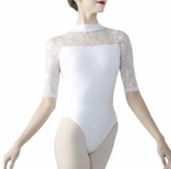 バレエ ハイネックレオタード 大人5分丈 オープンバック プロ仕様 花柄レースMのサムネイル
