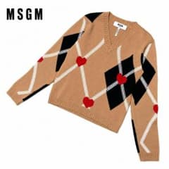 MSGM アーガイル ハート Vネック ニット セーター ベージュ イタリア製