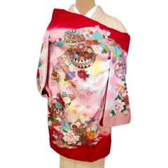 着物　お宮参り　産着　祝着　赤　ピンク　鞠　四季草花　金駒刺繍　女の子　襦袢付き 着物 お宮参り 産着 祝着 赤 ピンク 鞠 四季草花 金駒刺繍