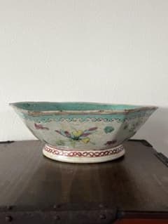 中国骨董 ターコイズブルー 花蝶文様 六角形 高台鉢足付鉢 五彩粉彩