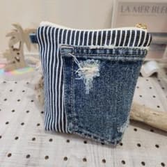 ハンドメイド ポーチ ストライプデニムとトロピカルプリントのサムネイル