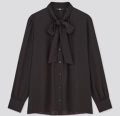 UNIQLO ジョーゼットボウタイブラウス（長袖）　M ブラックのサムネイル