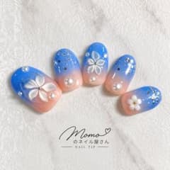 ブルーグラデーションフラワーネイル｜蝶々 お花 上品 韓国風 ネイルチップのサムネイル