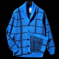 Lord James☆70s☆格子チェック くるみ釦ニットカーディガン 青 M 