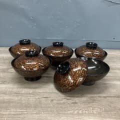 D-4 津軽塗 七々子塗 蓋付吸物椀 5客セット 漆器 汁椀 昭和レトロ