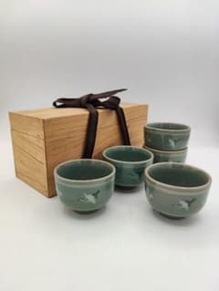 ZZ137 汲出茶碗 青磁雲鶴 今高麗 漢青金福漢 5客 木箱 茶道 煎茶 古物