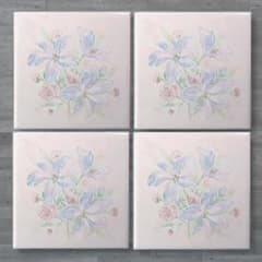 01.ピンク・淡い地紋柄に花の絵 屋内壁150角タイル 4枚 ER-43のサムネイル