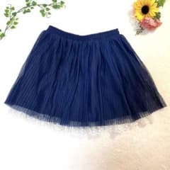 Cute and stylish tulle pleated mini skirt with lace trim, navy, size L, elastic waistband.