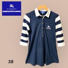 BURBERRY BLUELABEL ミニワンピース　ボーダー　七分袖　M相当 バーバリーブルーレーベル 7分袖ポロワンピース 38 紺 英国トラッド