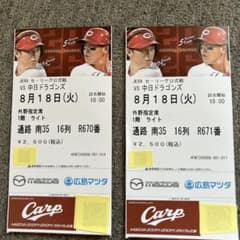 広島東洋カープ 対 中日ドラゴンズ 8月18日 外野指定席 2枚 - メルカリ