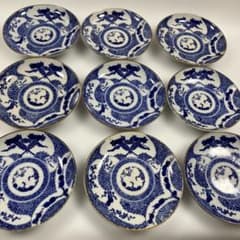 Antique Set of 9 Old Imari Blue and White Printed Medium Plates