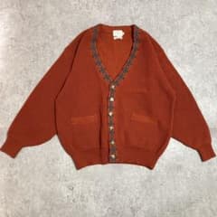 ニット カーディガン 花柄 ウール オレンジ M 昭和レトロのサムネイル
