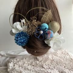 髪飾り　結婚式　成人式　卒業式　ヘアパーツ　ウェディング　袴　和装　青　水引き