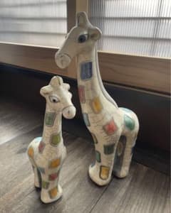 キリンの親子 ２個セット オブジェ 置物 陶器製 ハンドメイド きりん