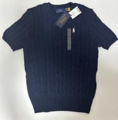 新品タグ付 ラルフローレン POLO半袖ケーブルニット 紺 ネイビー M