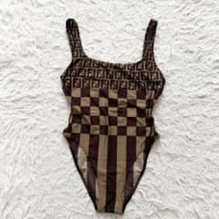 20SS⭐️超激レア⭐️フェンディ　ワンピース水着　ズッカ総柄　ハイレグ　白黒　40 ギンガムチェック フロント レースアップ ワンピース 水着 ウエスト