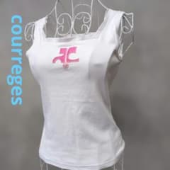 美品】courreges クレージュ ロゴ刺繍 タンクトップ ホワイト 38