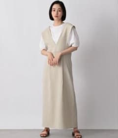 リネンライク　ジャンスカ　ベージュ　ロング丈　サロペットスカートのサムネイル