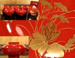 BK421　時代輪島塗　草花図金蒔絵　吸物椀　五客　木製　茶道具 懐石 菓子のサムネイル