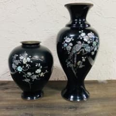 昭和レトロ 韓国 螺鈿 象嵌 花入 花瓶 壺 梅 鳥 漆 真鍮 フラワー