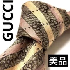 現行】GUCCI GG柄 ゴールド＆ピンクゴールドストライプ シルクネクタイ