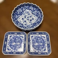深川製磁角皿花鳥図おしどり 龍峰窯花鳥染付更紗輪花鉢大鉢 古伊万里