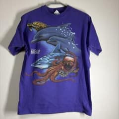 90s ヘインズ　hanes シングルステッチ　USA　海　両面プリント　紫　Mのサムネイル