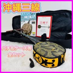 美品】沖縄三線 人工 蛇皮 合皮 バチ&ケースセット 初心者 付属品 和