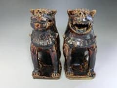置物□狛犬一対 飴釉（江戸期）享保4年 己亥 奉納 獅子 江戸期骨董
