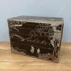 E-3 骨董 アンティーク 螺鈿細工 漆塗 五段重箱 風景人物図 天然木