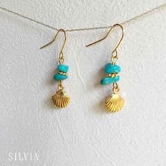 ターコイズとシェルのフックピアス゜:。* ゜のサムネイル