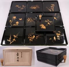MB204】天然木漆塗 花鳥絵替金蒔絵 黒塗卓上膳十客 四方膳 36.3cm