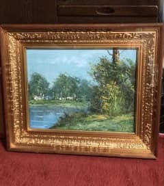 ★送料込★ 【肉筆油絵】✰︎ 豪華額装 ✰︎ F8号相当「水辺の風景」サイン有 ☆送料込☆ 【肉筆油絵】✰︎ 豪華額装 ✰︎ F8号相当「水辺の風景