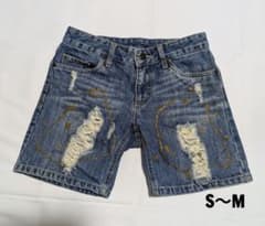 ダメージ加工 デニム ショートパンツ M S ペイント加工 破れ レディースのサムネイル