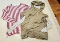 まとめ売り2点セット　赤色ボーダーTシャツ&ベージュアノラックベスト　L～LLのサムネイル
