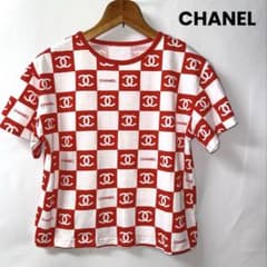 CHANEL シャネル　Tシャツ トップス　美品　白　赤　チェッカーボード CHANEL シャネル Tシャツ トップス 美品 白 赤 チェッカーボード